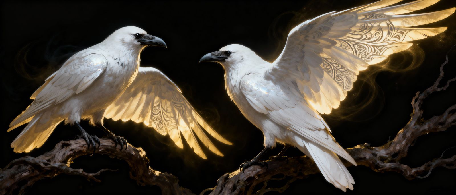 White Ravens Against Black Background