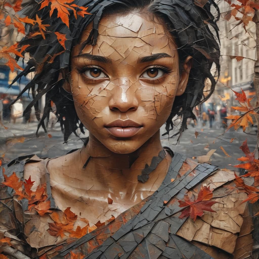 Ebony Girl with Wooden Cracks in Impasto Style