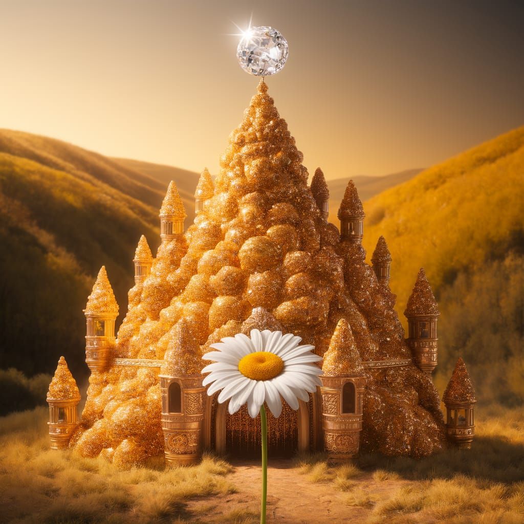 Whimsical Golden Castle in a Vibrant Digital Art Landscape