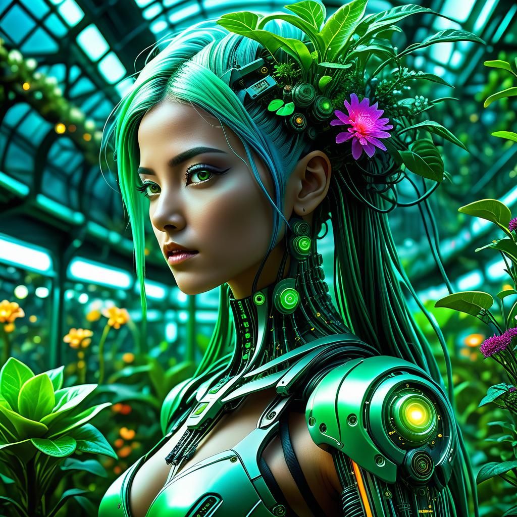 Biopunk Cybernetic Woman in Greenhouse, Detailed Photograph