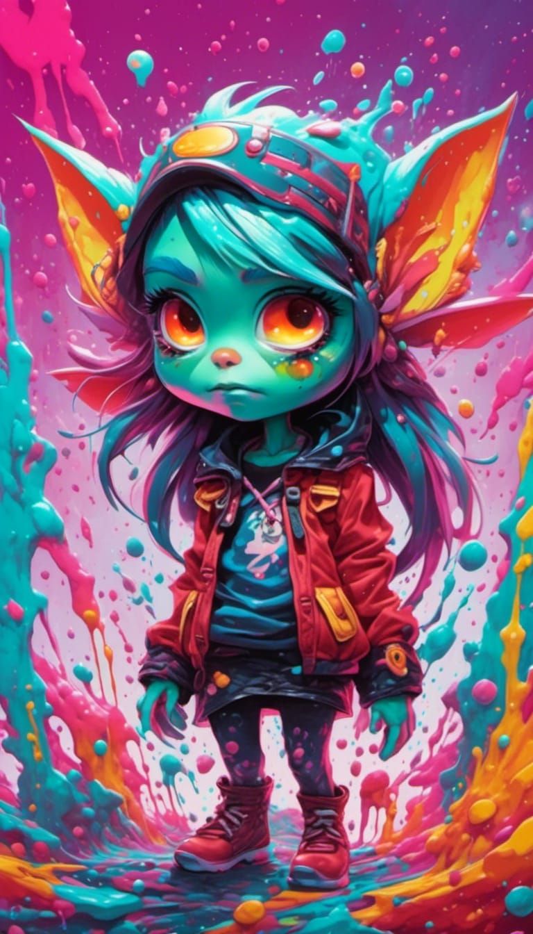 Cute Goblin Girl in Graffiti Splash Art Style