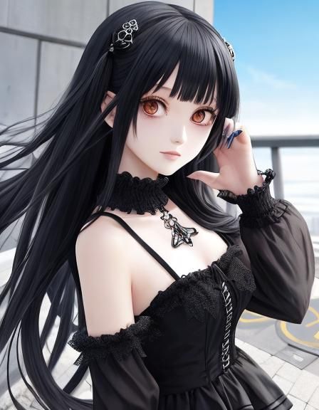 Cheerful Anime Goth Girl with Long Dark Hair