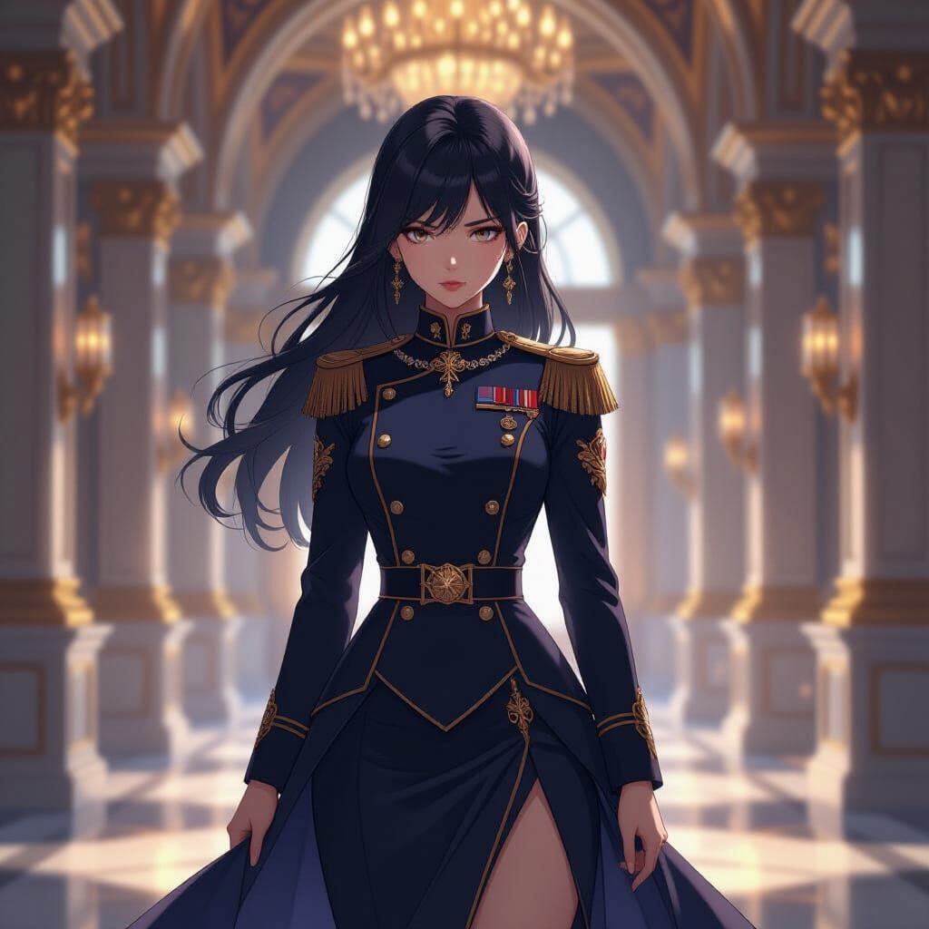 Young Woman in Ornate Navy Uniform in Grand Hall
