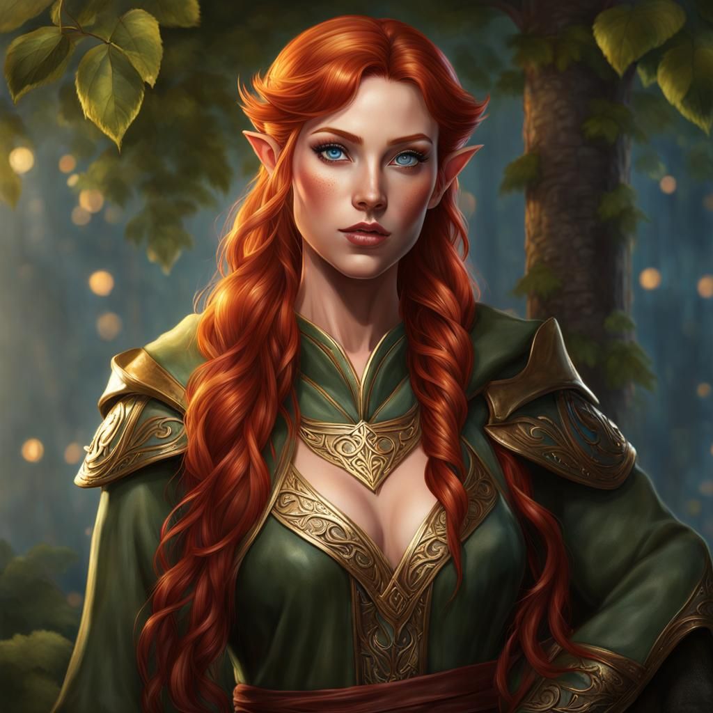 Beautiful Half-Elf Woman with Red Hair in Gold