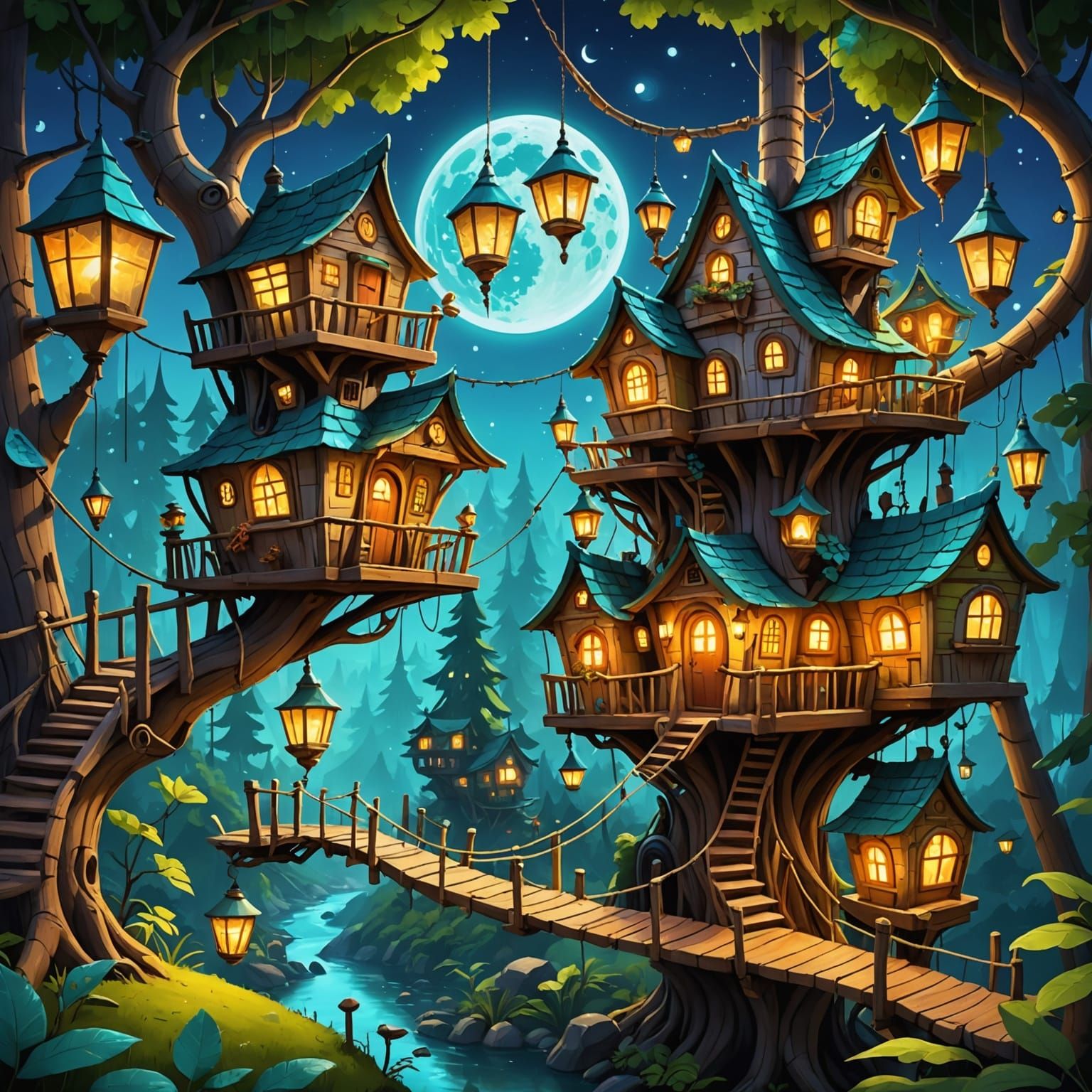 Enchanted Treehouse Village in a Dreamy Alien Forest