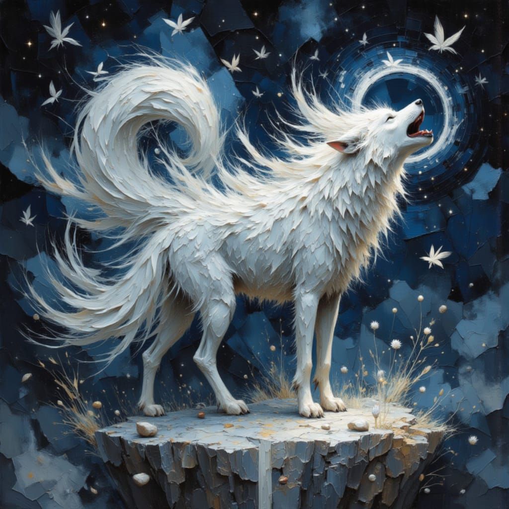 Majestic White Wolf Hybrid Howling Under Stained Glass Night...