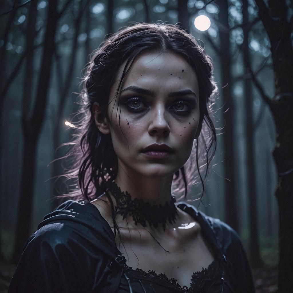 Gothic Girl in Moonlit Forest: Cinematic Portrait