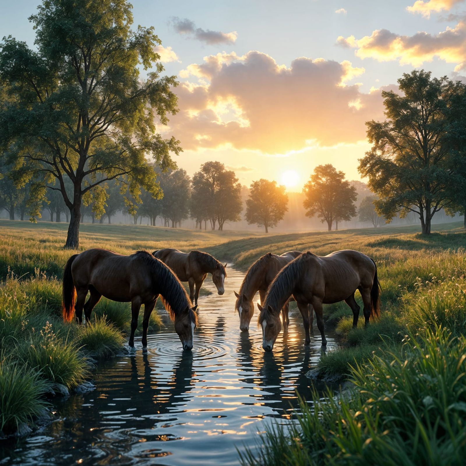 Horses Drinking at Misty Stream: Matte Painting