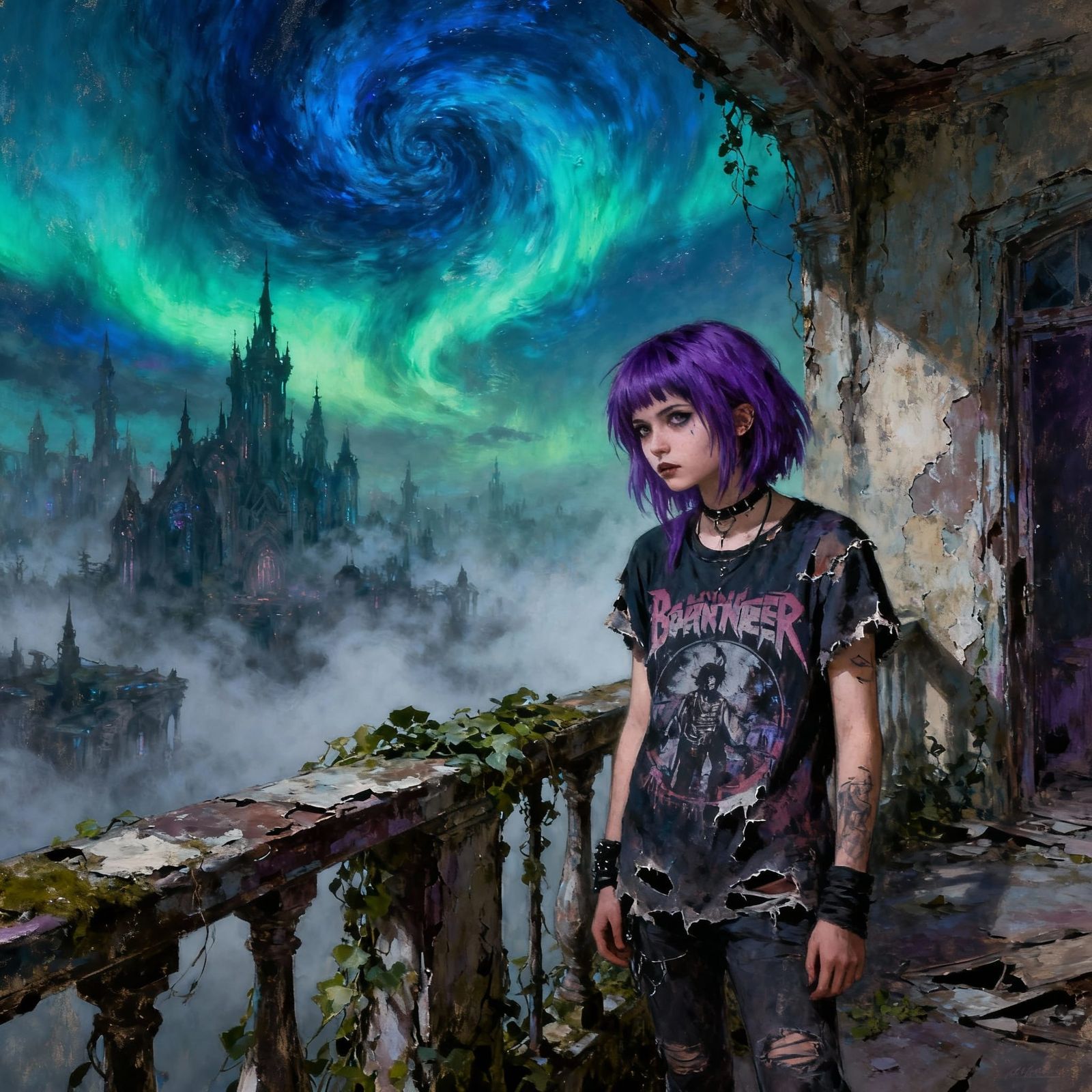 Gothic Cityscape with Emo Girl Under Aurora Sky