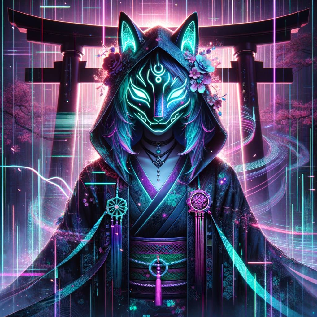 Digital Spirit Streamer with Kitsune Mask in Cyberpunk Setti...