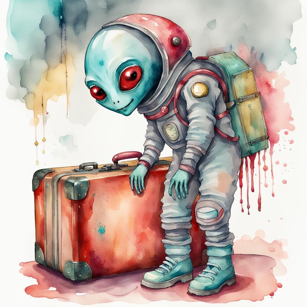 Whimsical Alien Traveler in Watercolor Illustration