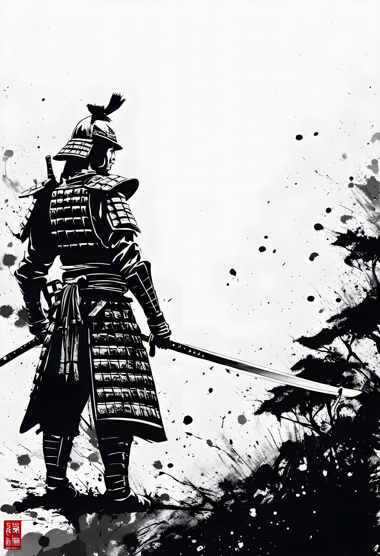 Samurai Warrior in Ink, Minimalist Impressionism