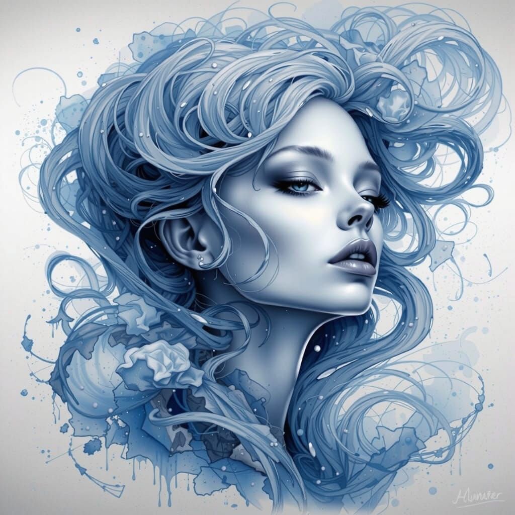 Monochromatic Alien Portrait with Delft Blue Tattoos