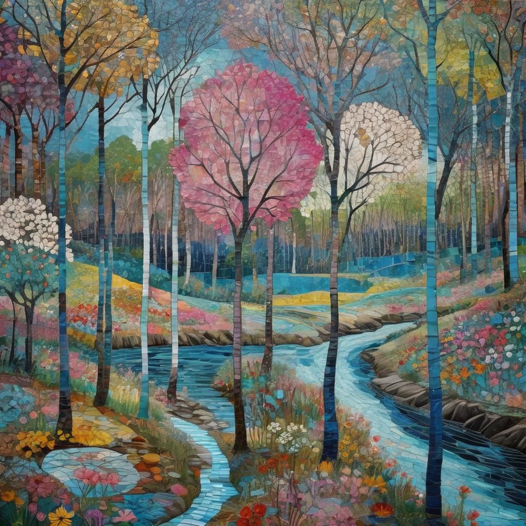 Mosaic Forest River Inspired by Klimt