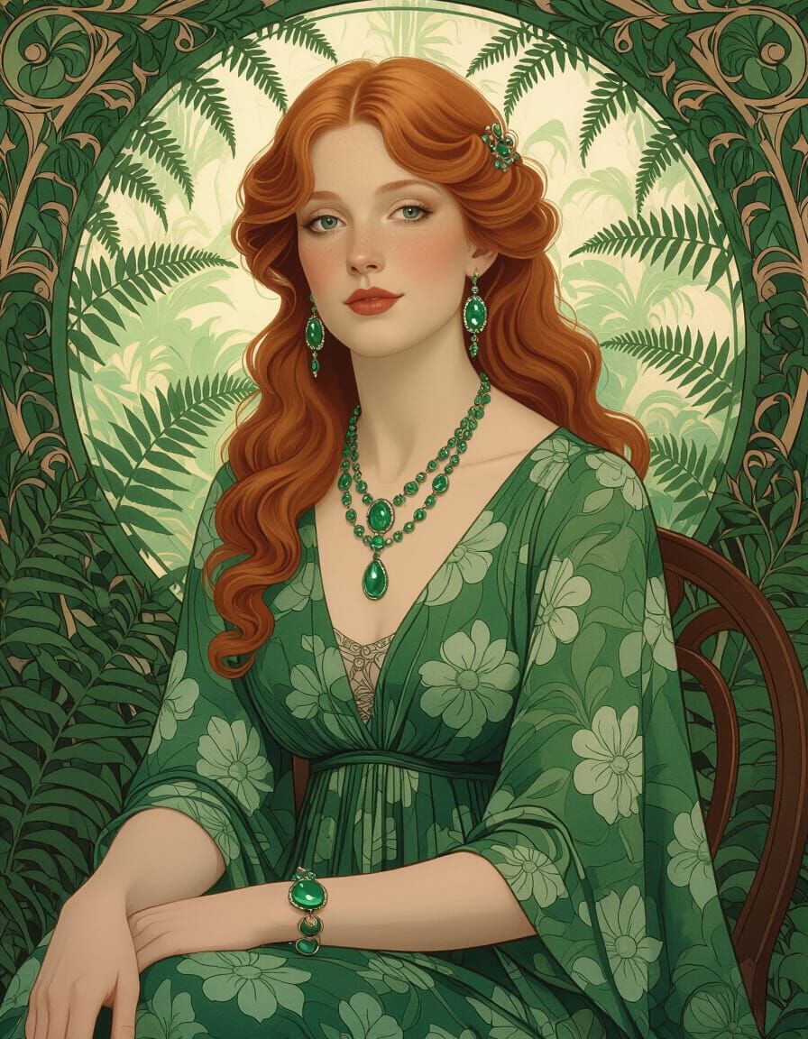 Art Nouveau Portrait of a Redheaded Woman in Green