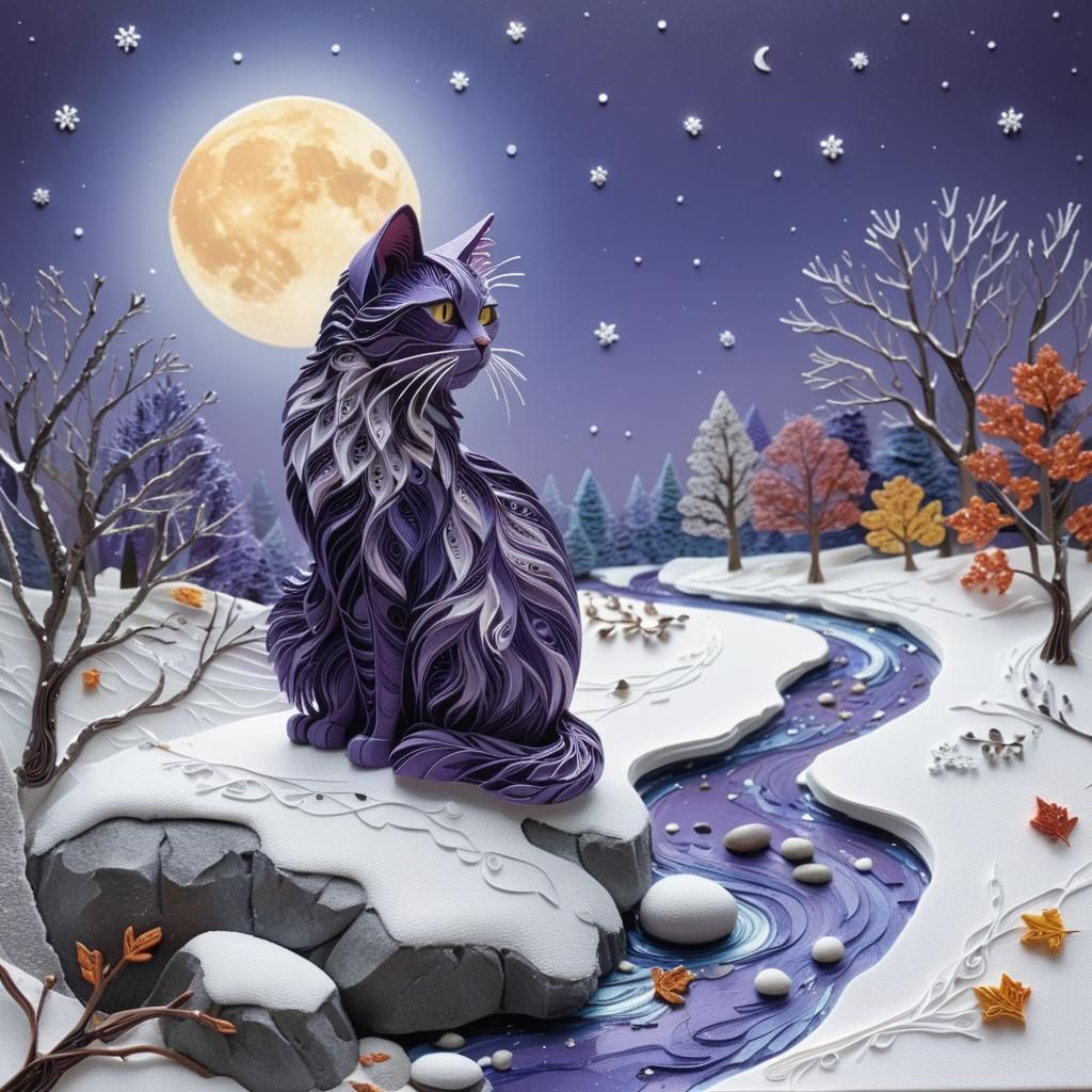 Luminous Quilling Collage of a Snow-Dusted Purple Cat under...