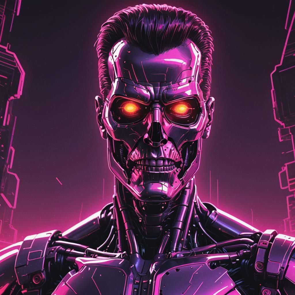 T-800 Robot in Synthwave Neon Retro Style