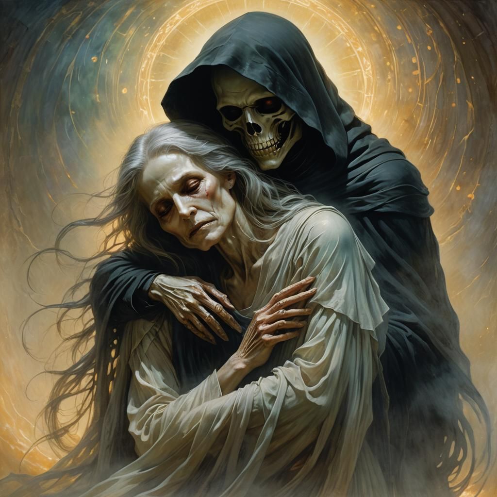 Grim Reaper Cradles Dying Woman in Fantasy Art