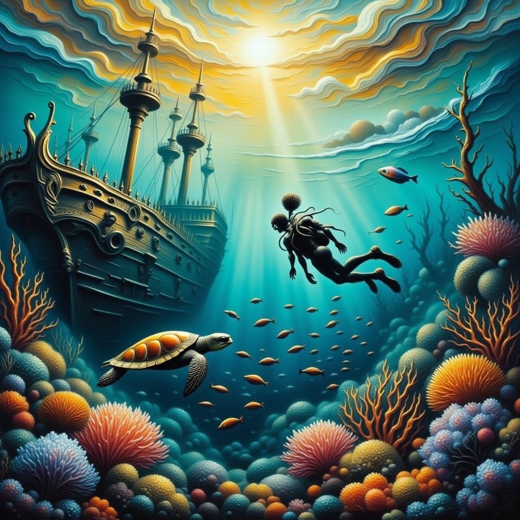 Diver Explores Sunken Ship in Vibrant Coral Reef