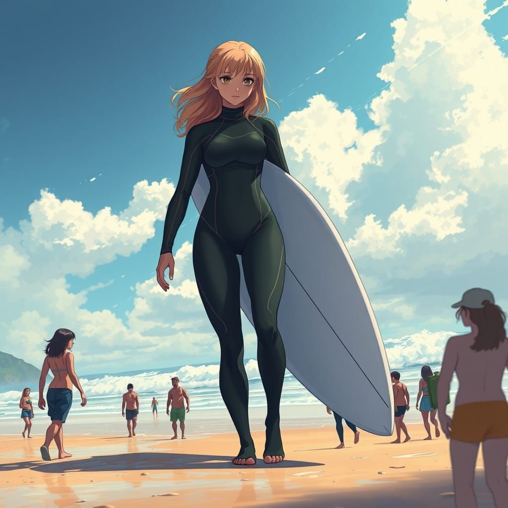 Giant Surfer on Beach in Anime Style