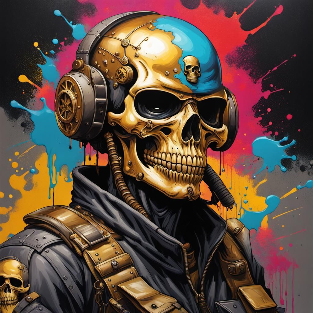 Gold Masked Mercenary Skull in Graffiti Art