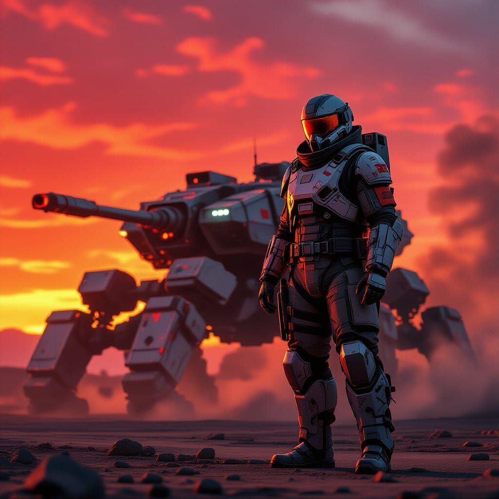 Mech Pilot Silhouette at Sunset in Gritty Sci-Fi Style