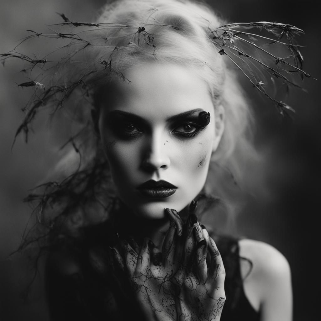Goth Model in Fog: Black and White Photography