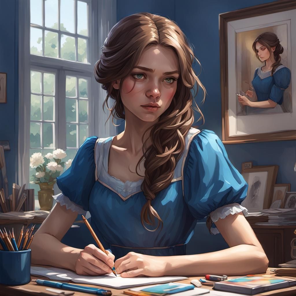 Girl Sketching House: Hyperdetailed Portrait