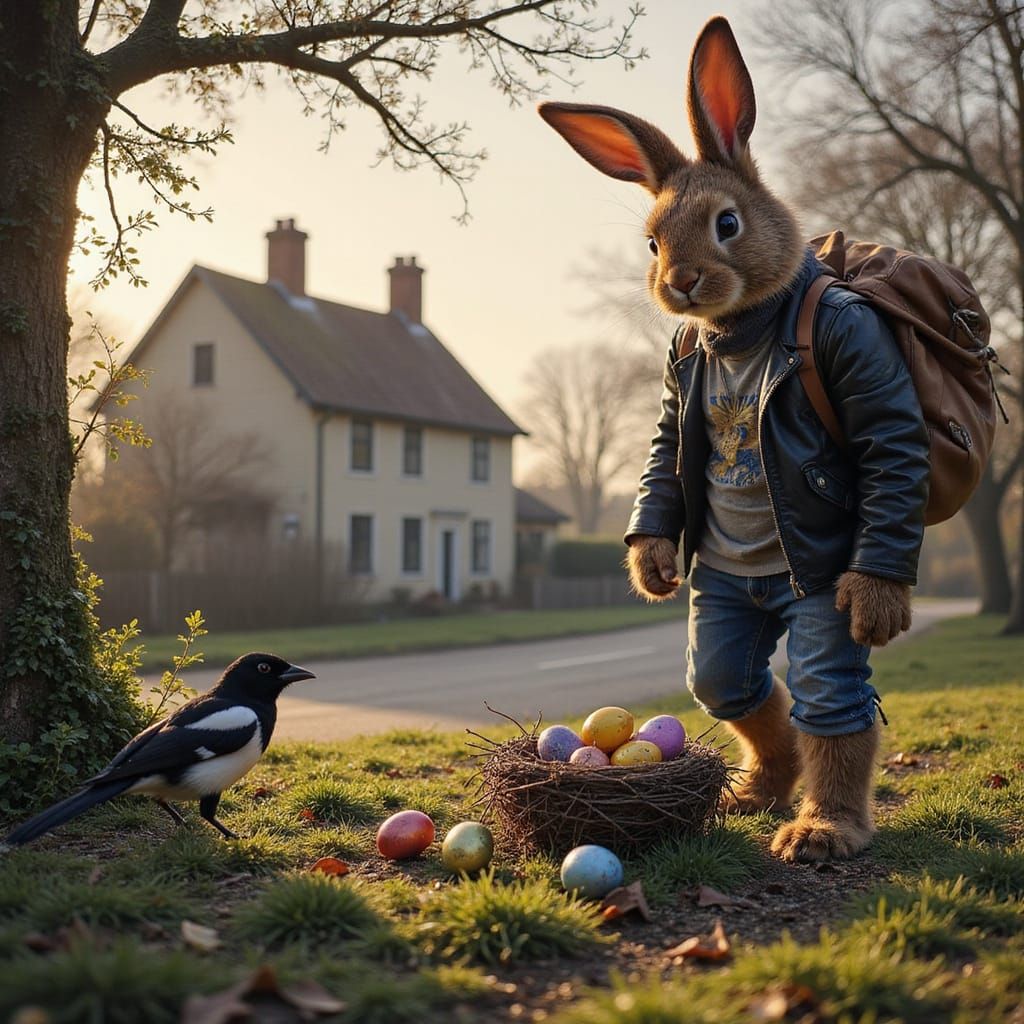 Grunge Easter Bunny Hides Eggs in English Village Nest