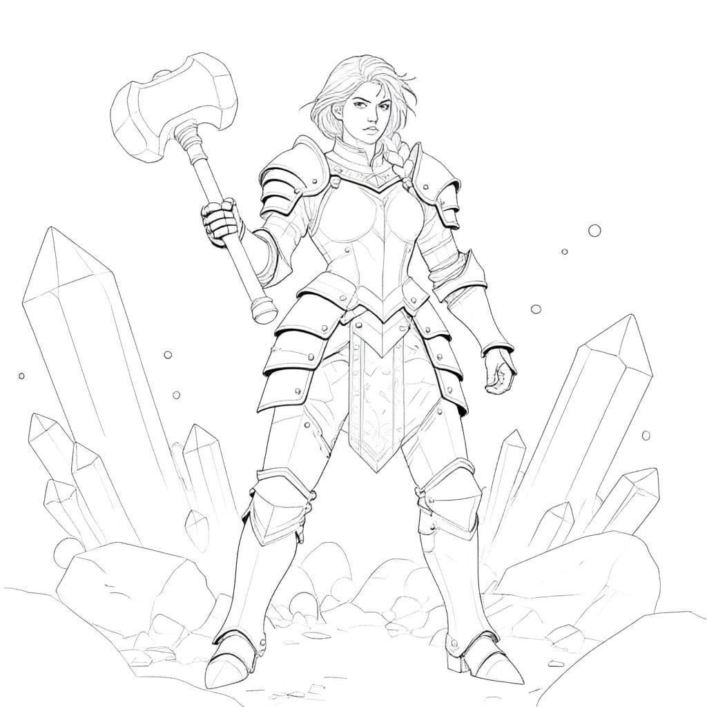 Warrior Woman in Armor with War Hammer Illustration