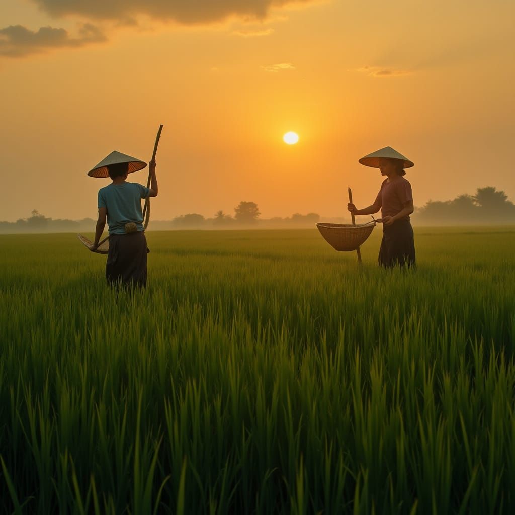 Golden Sunset over Rice Field Landscape