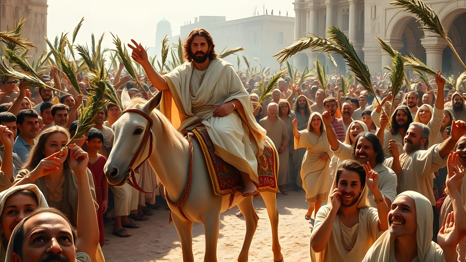 Jesus' Majestic Entry into Ancient Jerusalem in Vibrant Colo...