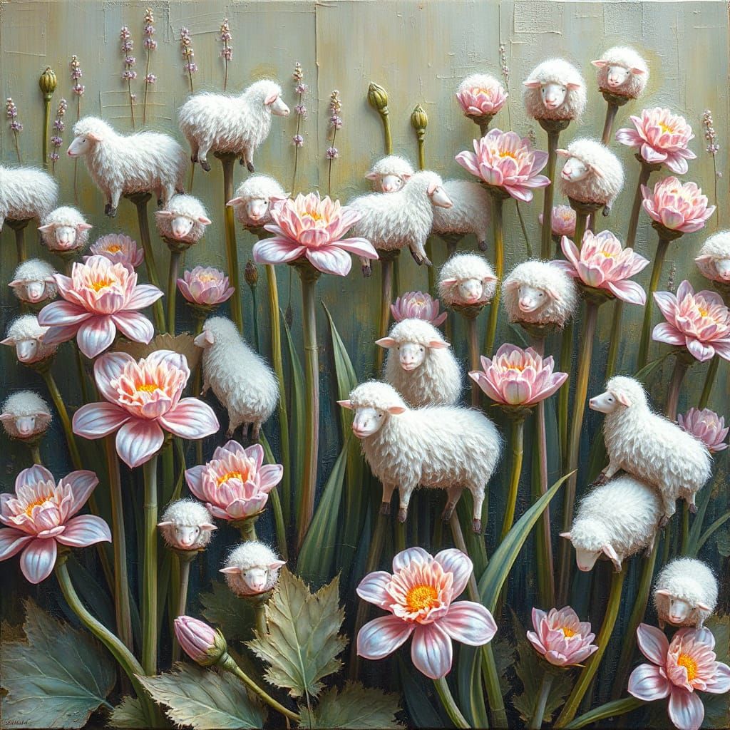 Whimsical Floral Fantasy with Iridescent Blooms and Woolly S...