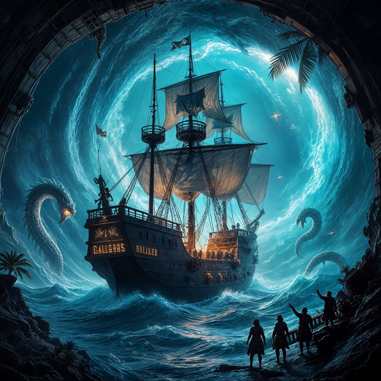 Pirate Galleon Navigates Cosmic Wormhole with Sea Monsters