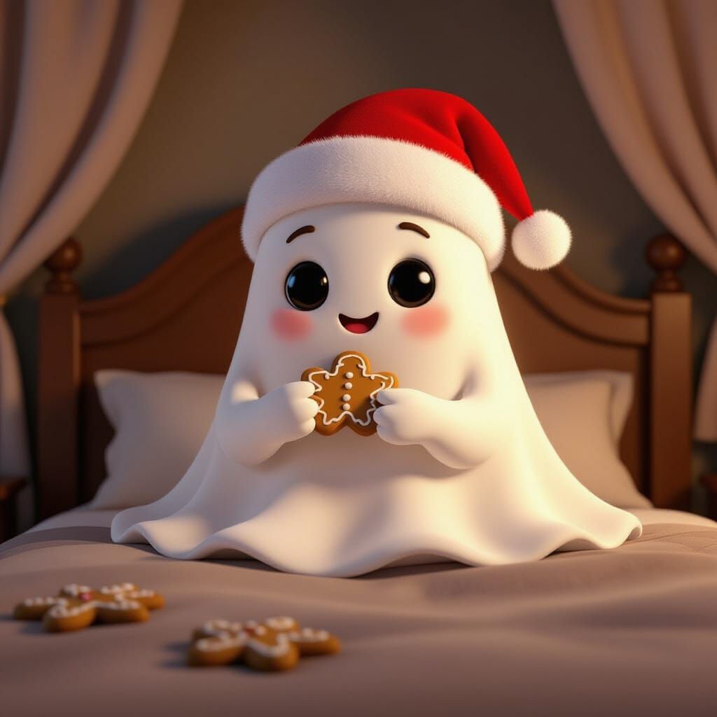 Ghost in Santa Hat Enjoys Gingerbread Cookie in Cozy Bedroom