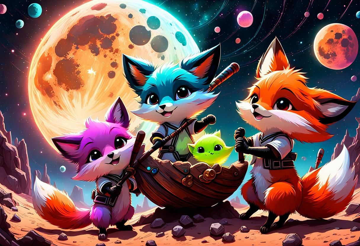 Chibi Foxes and Aliens Play Baseball on Moon