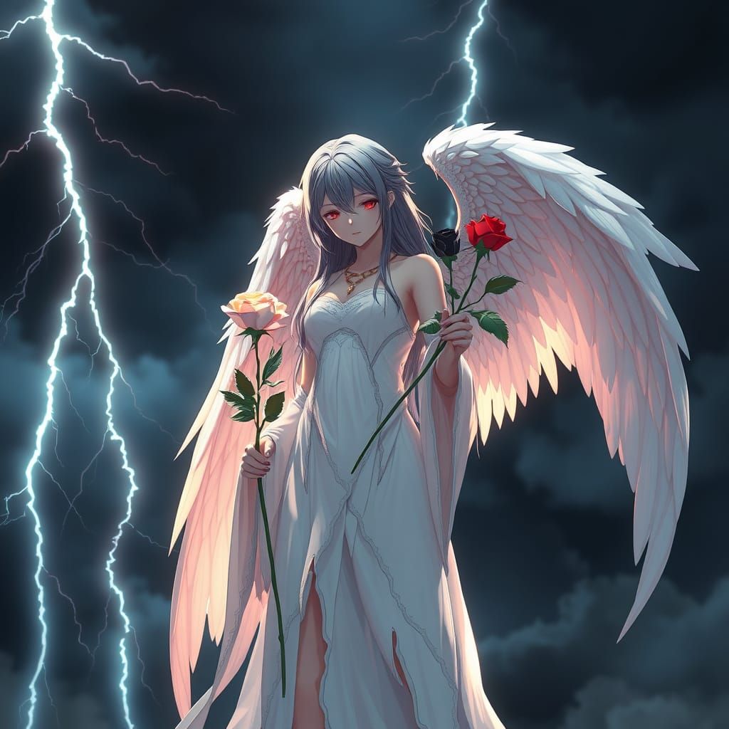 Stormy Angel with Roses in Tattered Gown