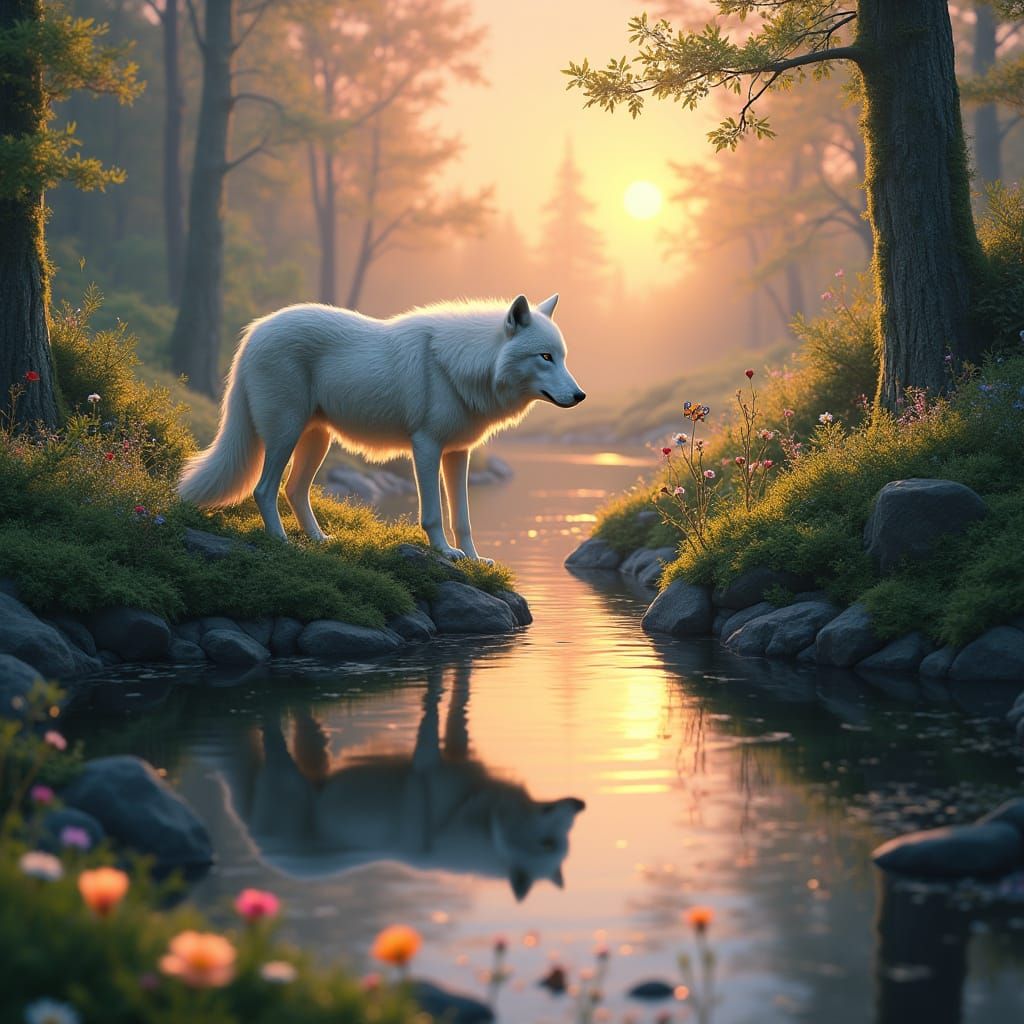White Wolf Reflects at Sunrise in Lush Forest
