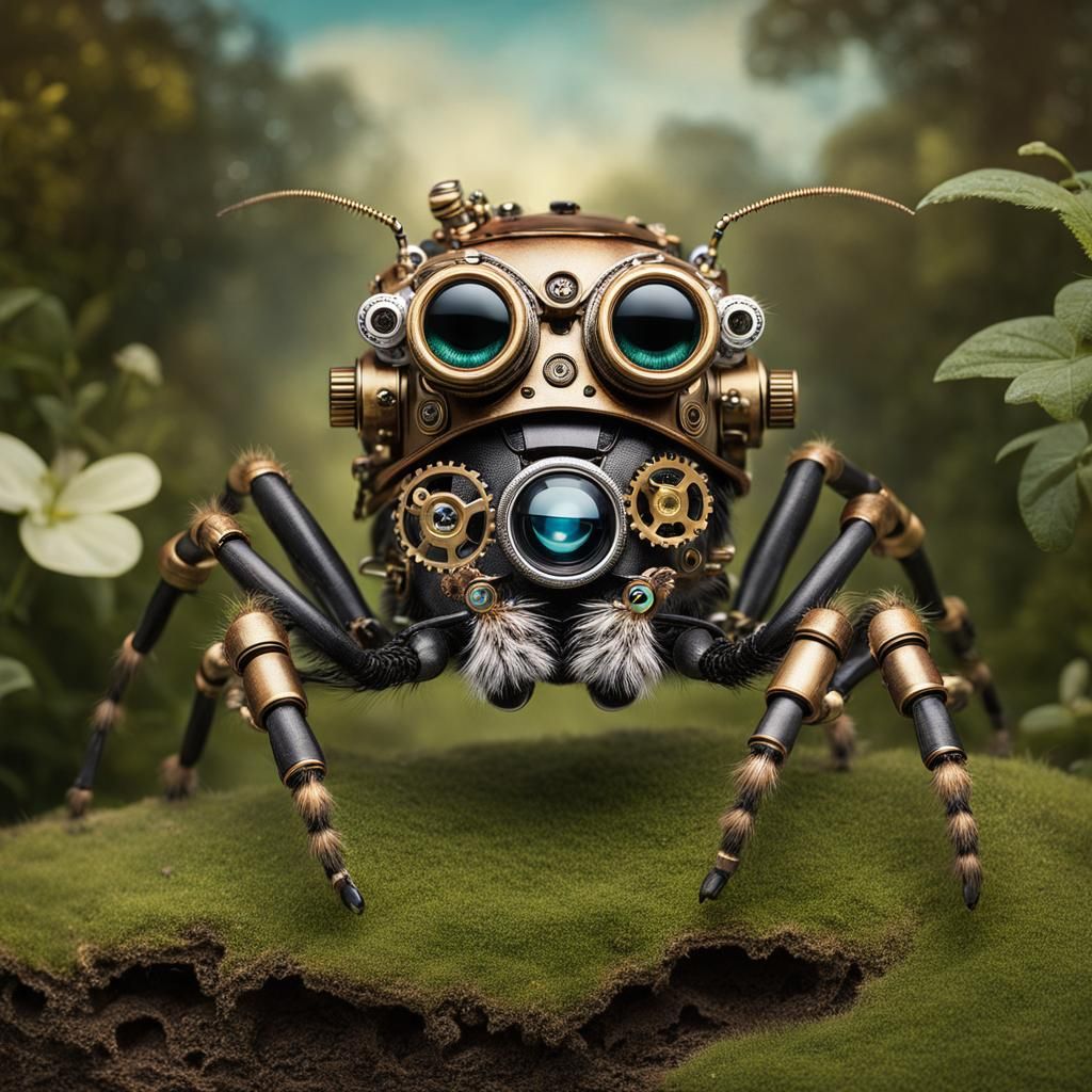 Steampunk Robotic Jumping Spider with Monocle in Garden