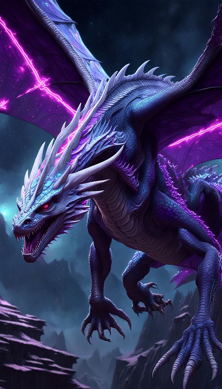 Neon Gray Dragon Gliding Interplanetary in 8K