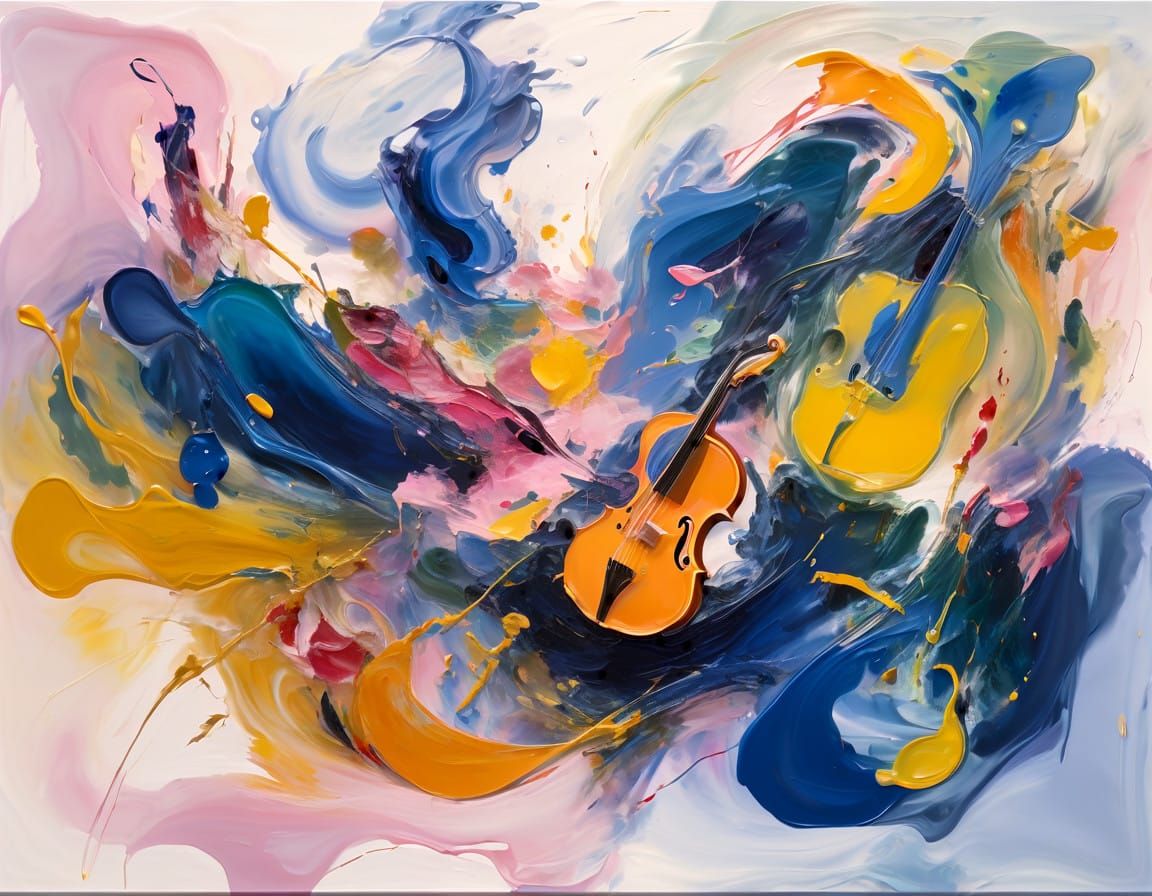 Vibrant Oil Painting of Music and Instruments in Ethereal St...