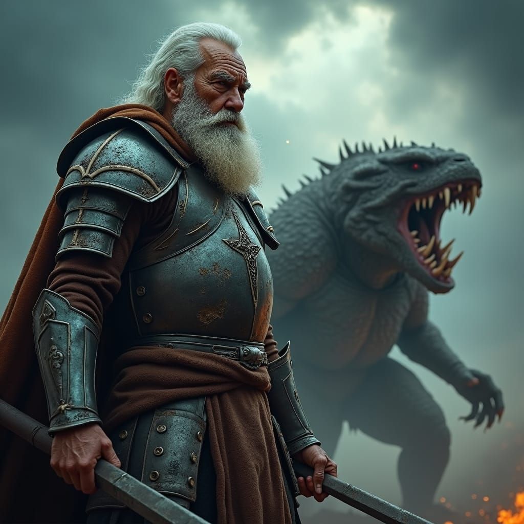 Elderly Warrior's Valiant Fight Against Monster