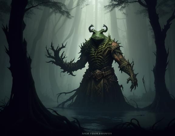 Grotesque Bullywug Emerges from Swamp: Dark Fantasy Art
