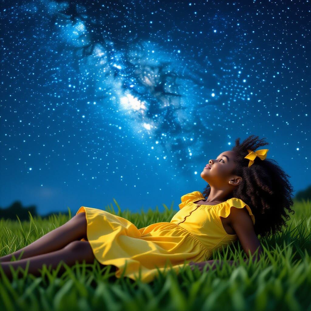 Young Black Girl Gazes at Starry Sky in Photorealistic Style