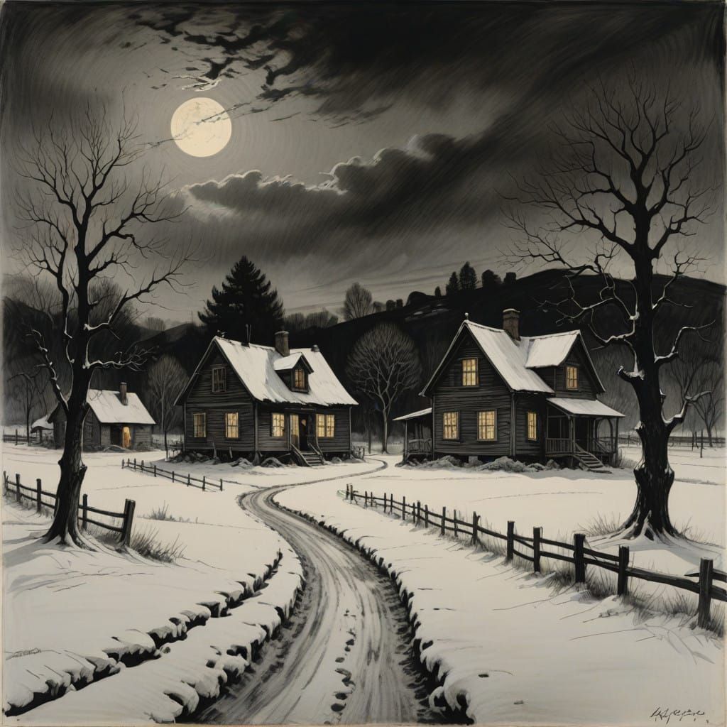 Charcoal Winter Scene with Quaint Houses and Snowy Mountains