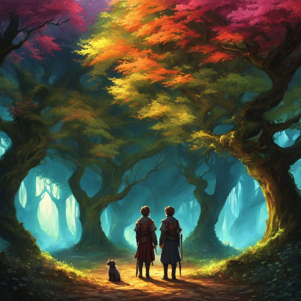 Twin Boy Brothers in a Dark Fantasy Forest Scene