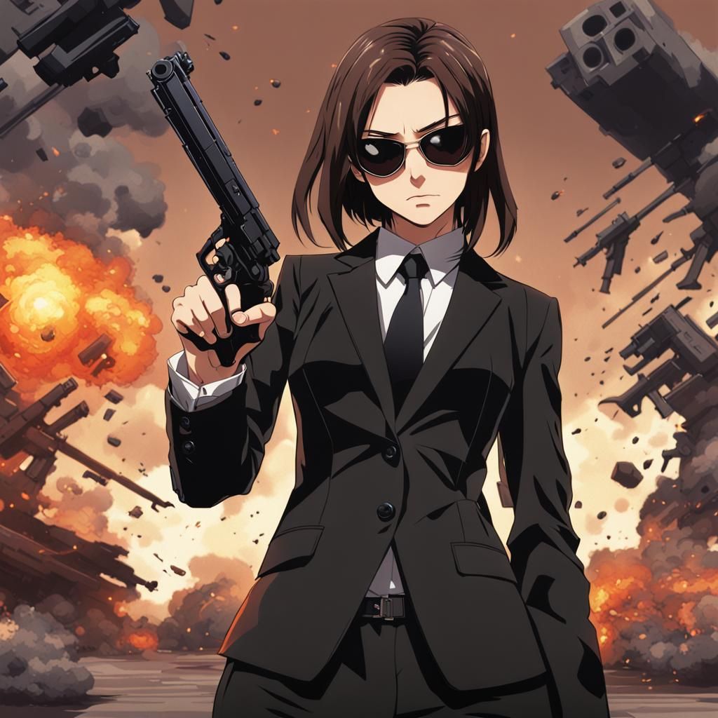 Anime Girl in Black Suit with Gun