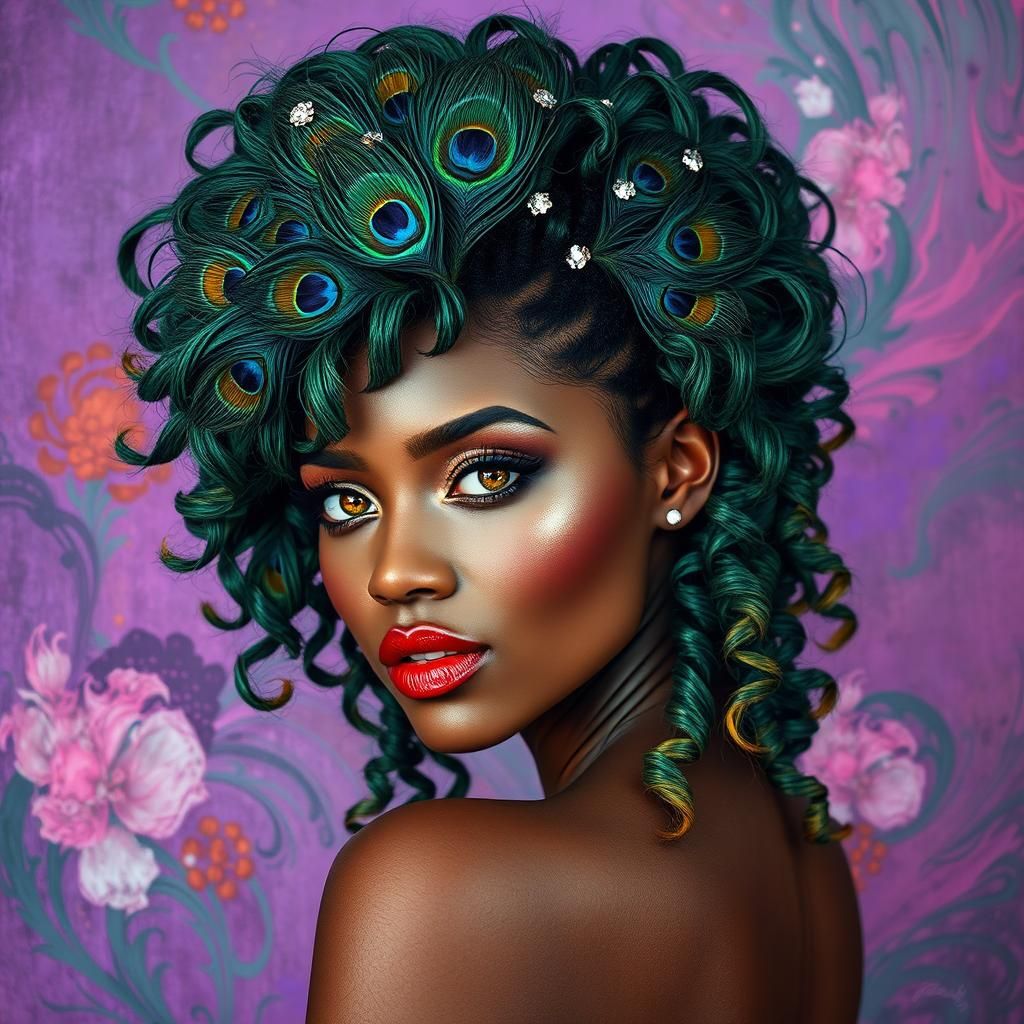 Exotic Woman with Peacock Feather Hair in Abstract Style