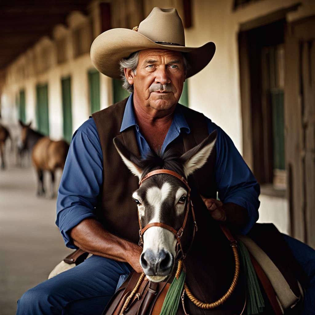 Ultra-American Man Portrait with Gun, Beer, and Donkey