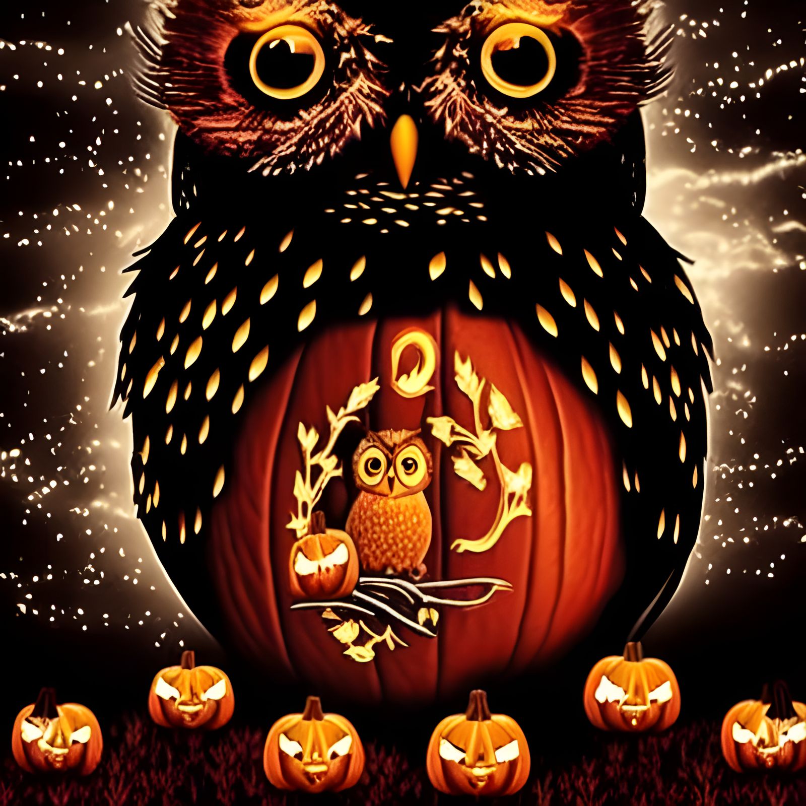 Halloween Owl Portrait in Pumpkin Patch